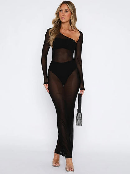 Vestido negro transparente Y2k para mujer, ropa de manga larga, ajustado, sexy, de cintura alta, para otoño