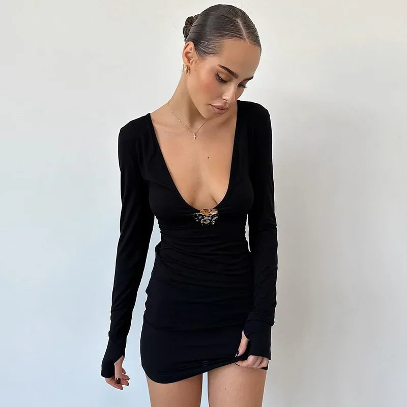 Vestido sexy metalizado ajustado con escote pronunciado para mujer, minivestido de manga larga con cintura alta, elegante, liso, para fiesta otoñal.