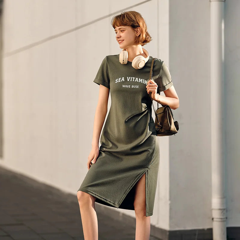 Dress Women Vintage Casual Midi Dress  Summer New Letter Print Split T-Shirt Dress