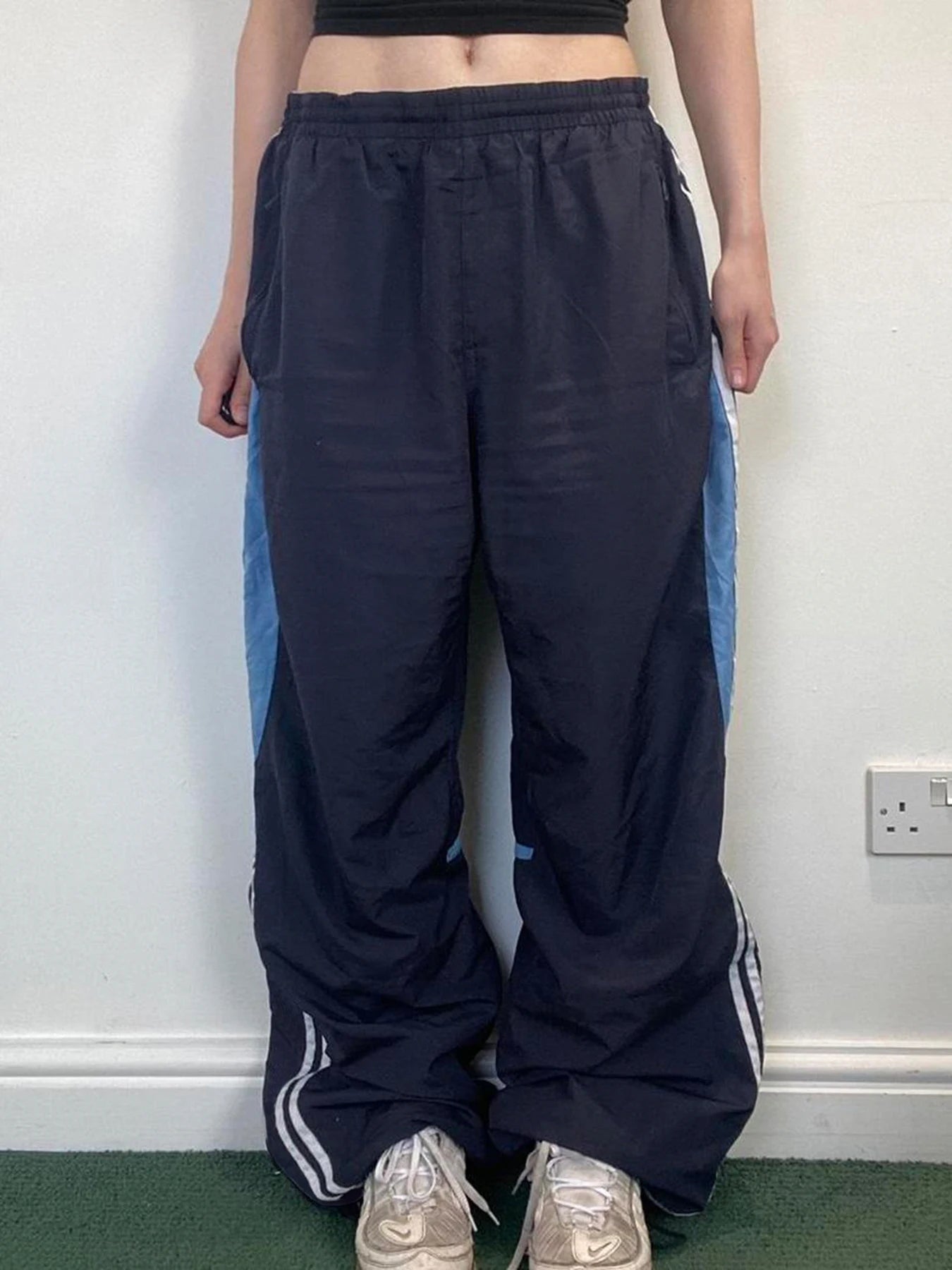 Contrast Stripe Wove Straight Leg Pants For Women Elastic Waist Casual Loose Baggy Trousers Street Jogging Sweatpants