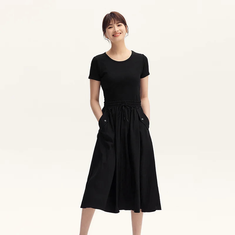 Dress Women Slim-Fit Waist-Cinching Dress  Summer New Fake Two-Piece Round Neck Midi Versatile Dress