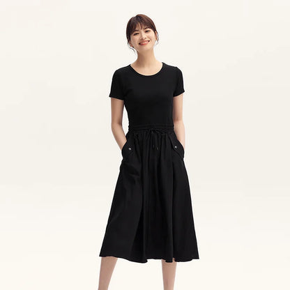 Dress Women Slim-Fit Waist-Cinching Dress  Summer New Fake Two-Piece Round Neck Midi Versatile Dress