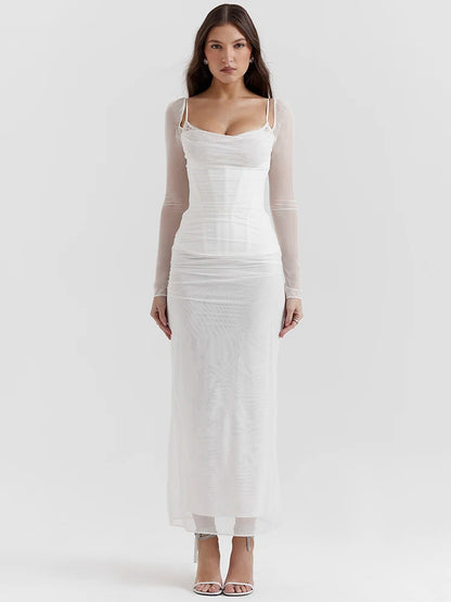 Elegante vestido maxi sexy de manga larga transparente para mujer, vestido largo sexy de malla sin tirantes y espalda descubierta para fiesta en club, nuevo