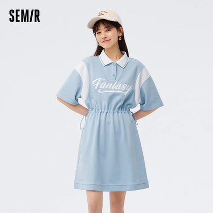 Dress Women’s Letter Contrast Loose Short Dress  Summer New Retro Waist Polo Dress
