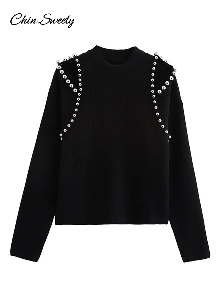Fashion Women’s Beading Sweater Pullover Elegant Knitted Black Long Sleeve O-neck Jumper 2025 New Spring Lady Casual Outwears