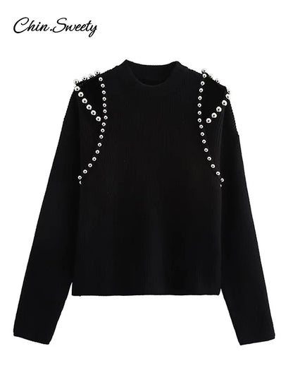 Fashion Women’s Beading Sweater Pullover Elegant Knitted Black Long Sleeve O-neck Jumper 2025 New Spring Lady Casual Outwears