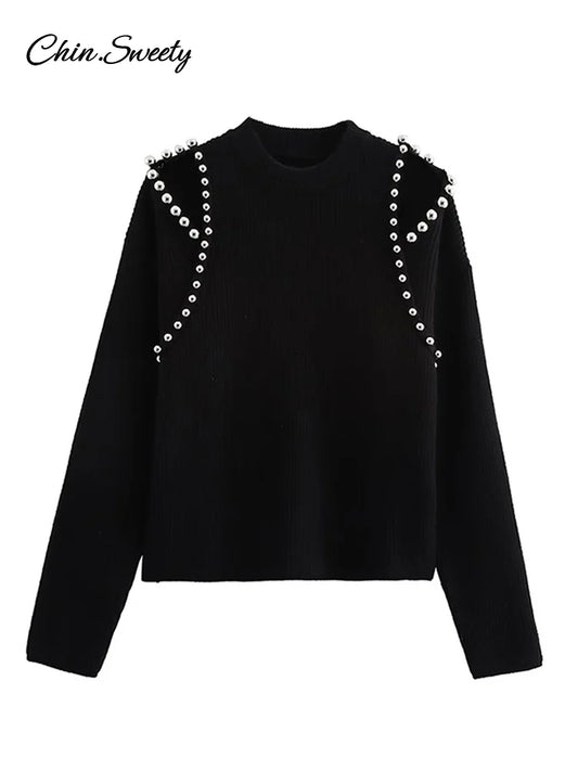 Suéter de mujer de moda con cuentas, elegante jersey de punto negro de manga larga con cuello redondo, nueva primavera 2025, ropa informal para mujer