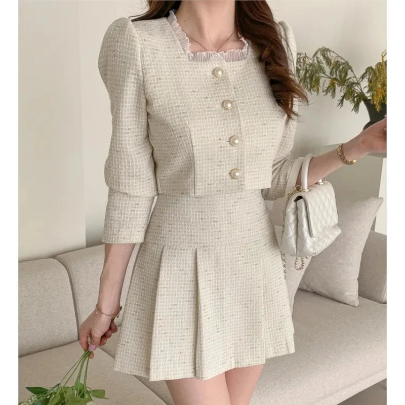 Chaqueta corta de tweed elegante de moda coreana, abrigos recortados + minifaldas de cintura alta, trajes de otoño, nuevos conjuntos ajustados de dos piezas para mujer.
