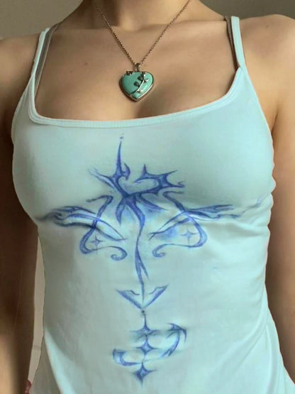 Abstract Print Y2K Camisole Sleeveless Slim Basic Light Blue Crop Top Women Cute Tanks Camis
