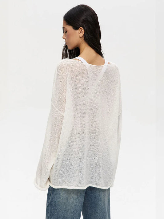 Knitted Round Neck Hollow Pullover Top Women’s Summer Fashion Casual Loose Pullover Long Sleeve Streetwear Top Pullover