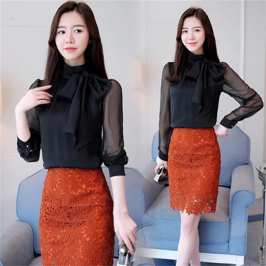 New Summer Fashion Tunic Women Blouse Shirts Long Sleeve Tie Bow Chiffon Turtleneck Formal Women White Black Shirts DF4905