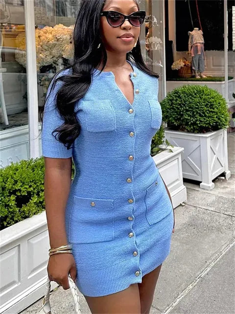 Vestido mini de punto con bolsillos para mujer, vestido de otoño acanalado de cintura alta, elegante vestido de fiesta de retazos a la moda, vestido tipo cárdigan de punto