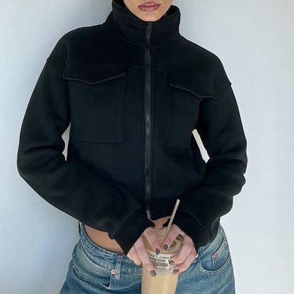 Women Pocket Sweatshirt Casual Solid Color Zipper Crop Jacket Autumn Outfits Turtleneck Fashion Y2K Coat Streetwear