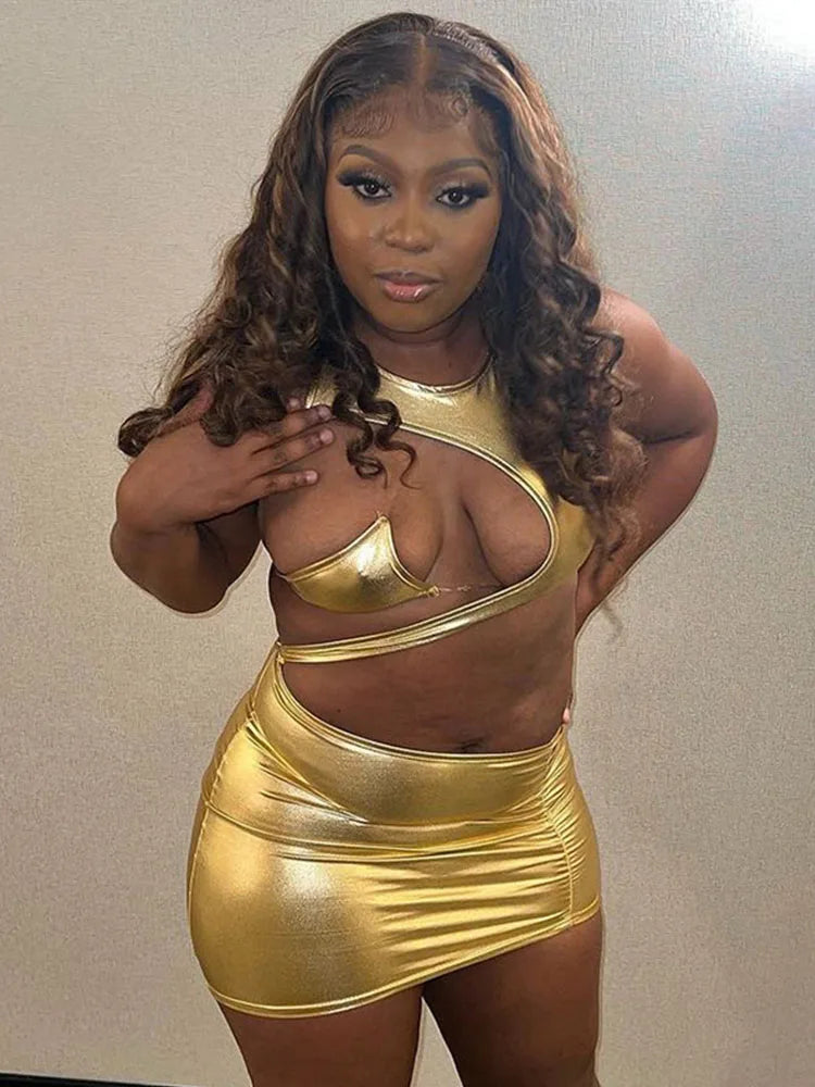 Vestido ajustado con agujeros para mujer, ropa Y2k, cuello redondo, una pieza, sexy, para noche, club, minivestido metálico