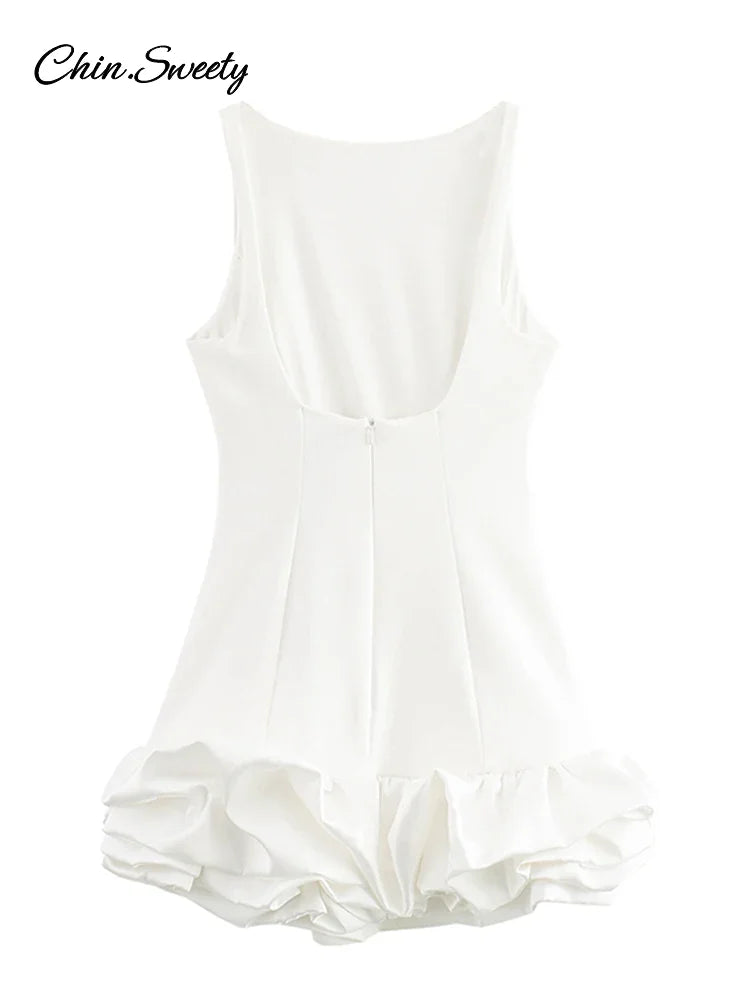 Elegante vestido corto blanco sin mangas para mujer, ajustado, con cuello redondo, espalda descubierta, dobladillo con volantes, vestidos de noche para fiesta, ropa de calle de verano para mujer
