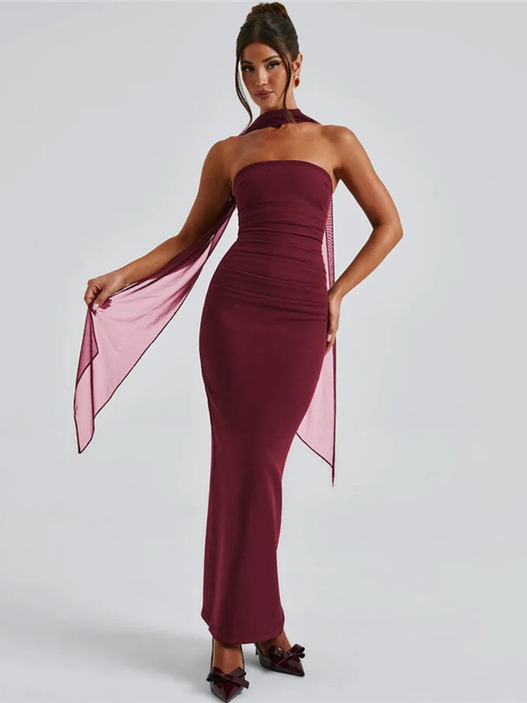 Vestido largo sexy sin tirantes y espalda descubierta para mujer, color burdeos, con mangas de malla y hombros descubiertos, ajustado, para fiesta de noche y club.