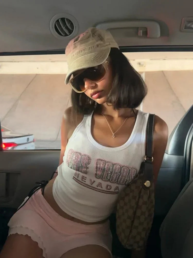Y2k Accessories Summer Outfit Slim Fit Streetwear Casual Ropa De Mujer Hot Drilling Cute Tops White Tank Top Women Edgy Clothes
