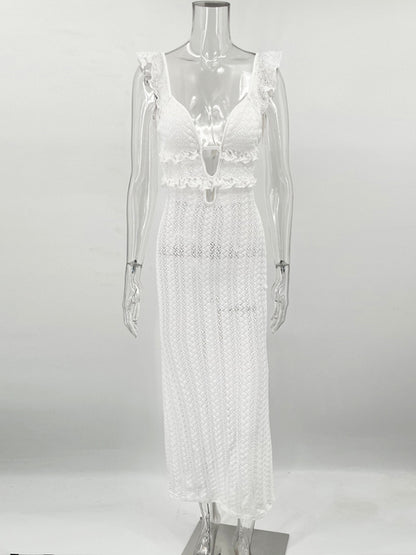 Knit V-Neck Fashion Maxi Dress Women’s Slim High Waist See-Through Patchwork Bandage Backless Dress Female Knitwear Dress