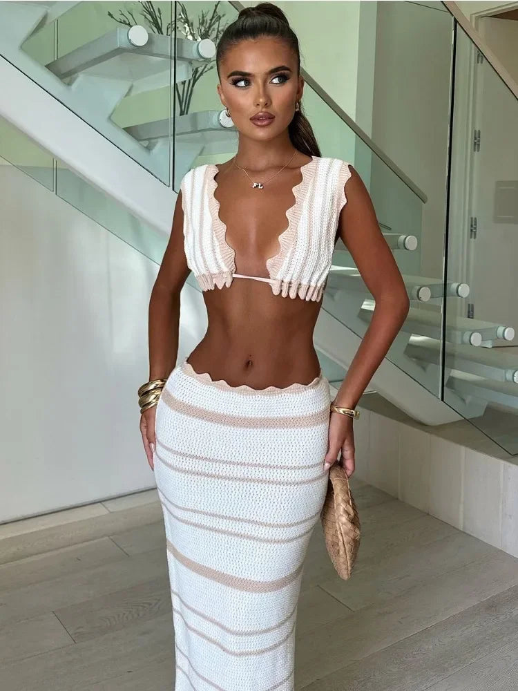 Conjunto de dos piezas de punto a rayas con falda larga y volantes para mujer, cuello en V, informal, para playa, vacaciones, conjuntos de falda larga de punto