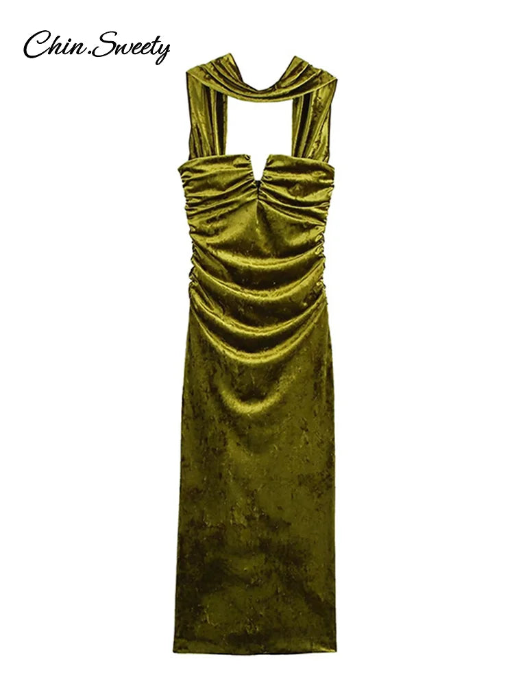 Elegant Halter Velvet Midi Dresses Women Backless Pleated Zipper Green Party Dress Female 2025 Spring Summer Lady Slim Fit Robes