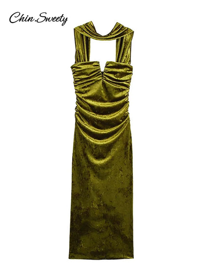 Elegant Halter Velvet Midi Dresses Women Backless Pleated Zipper Green Party Dress Female 2025 Spring Summer Lady Slim Fit Robes