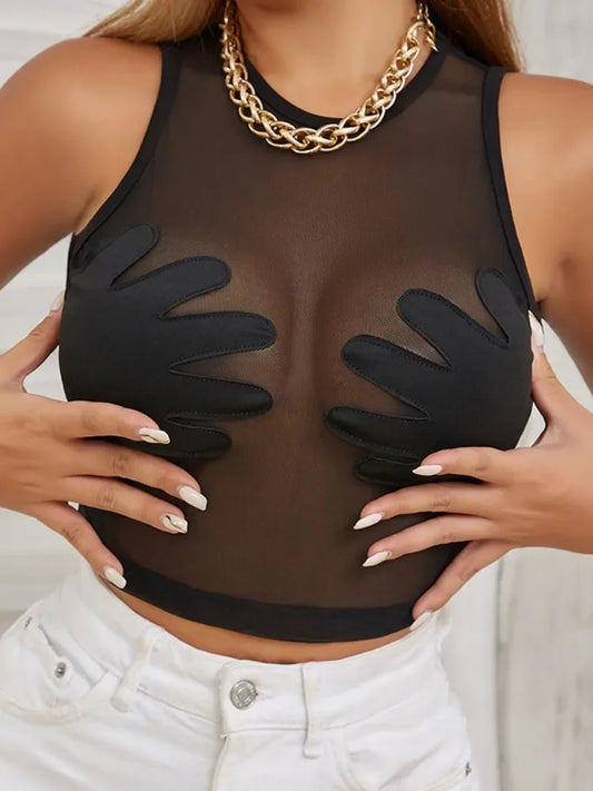 Top Y2k sin mangas con cuello redondo a la moda, top sexy de hilo de red ligeramente transparente para mujer, top corto con bordado de alta elasticidad
