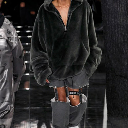 Abrigo largo de piel sintética de marca de lujo de moda para mujer, chaqueta cálida con bolsillos grandes y capucha con cremallera, abrigos de felpa de piel de conejo sintética