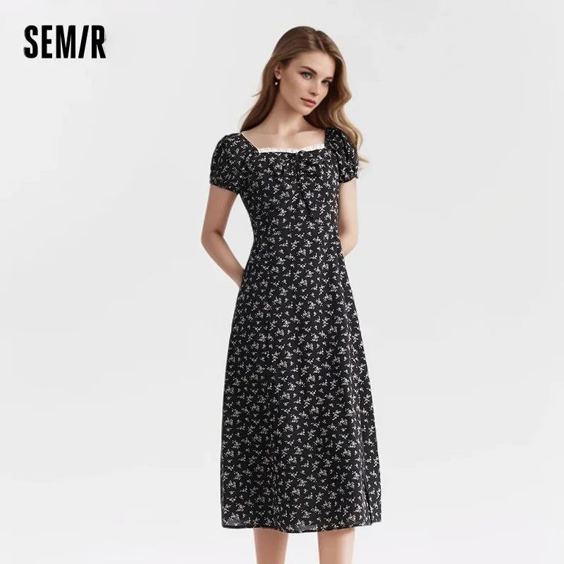 Dress Women Split Bubble Sleeve Medium Long Dress  Summer New Square Neck Chiffon Floral Dress Romantic Elegant