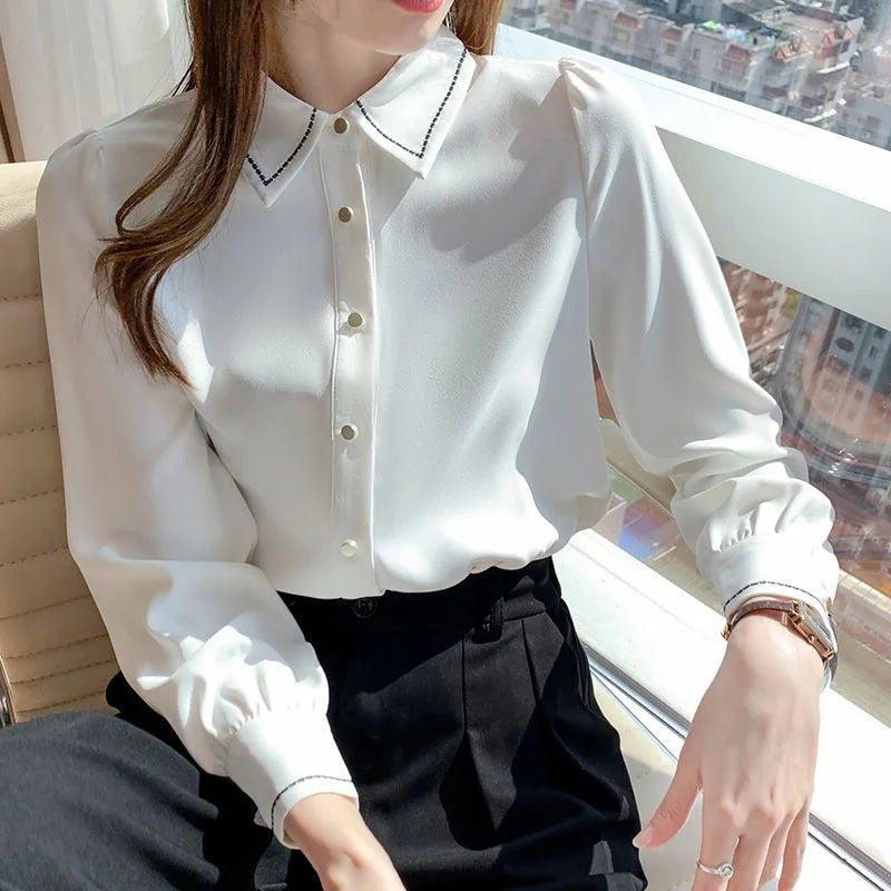 Blusas de estilo primavera-otoño para mujer, informales, de manga larga, con cuello vuelto, de color liso, DF4959