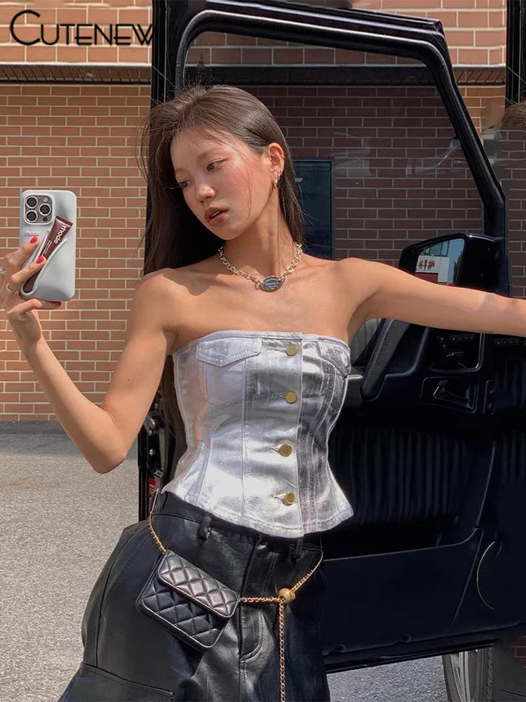 Stunning Solid Vest Women Summer Street Fashion Strapless Single Breasted Slim Tanks Girl Concise Go Out All-matched Top