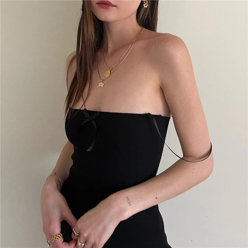 Top coqueto Y2K, ropa para mujer, camisola negra sin mangas con tirantes finos y lazo, ropa kawaii de los años 2000, ropa urbana