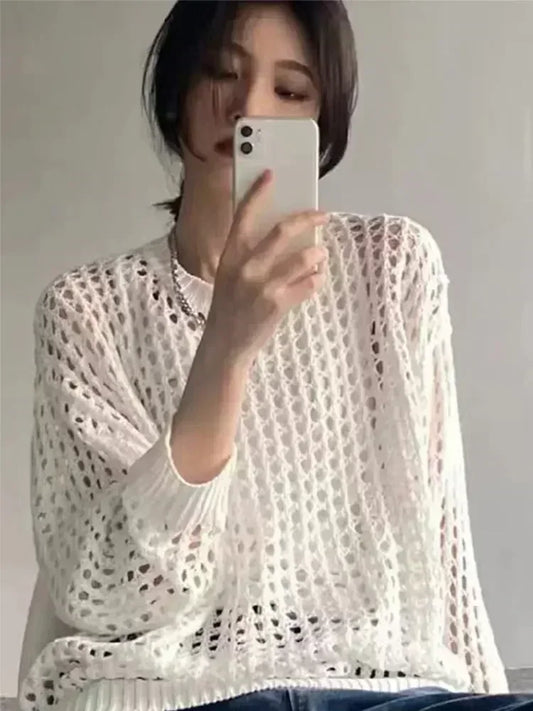 Camiseta de verano de gran tamaño, suéter de punto para mujer, manga larga, transparente, vintage, jerséis holgados, camiseta básica sexy para mujer