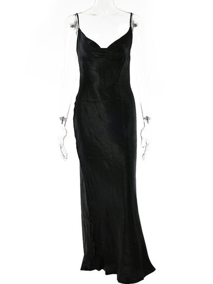 Vestido de fiesta sexy de satén dorado con cordones y tirantes, de seda, largo, elegante, de noche, suave, para invierno