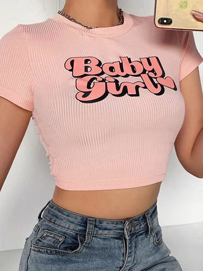 Baby Girl Printing Woman Tshirts Short Sleeve Y2k Aesthetic Clothes Women Fashion Tops Kawaii Egirl Streetwear Pink Slim T Shirt