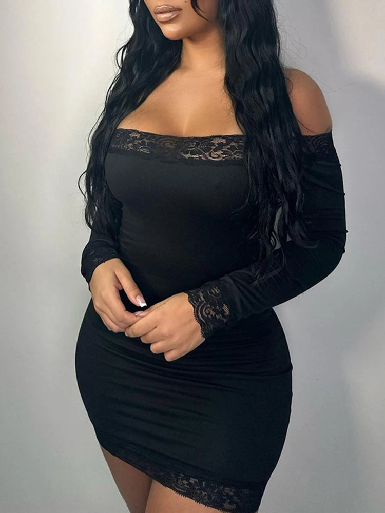 Vestido corto negro de manga larga con hombros descubiertos y ribete de encaje liso y ajustado para mujer, elegante y sexy para fiesta