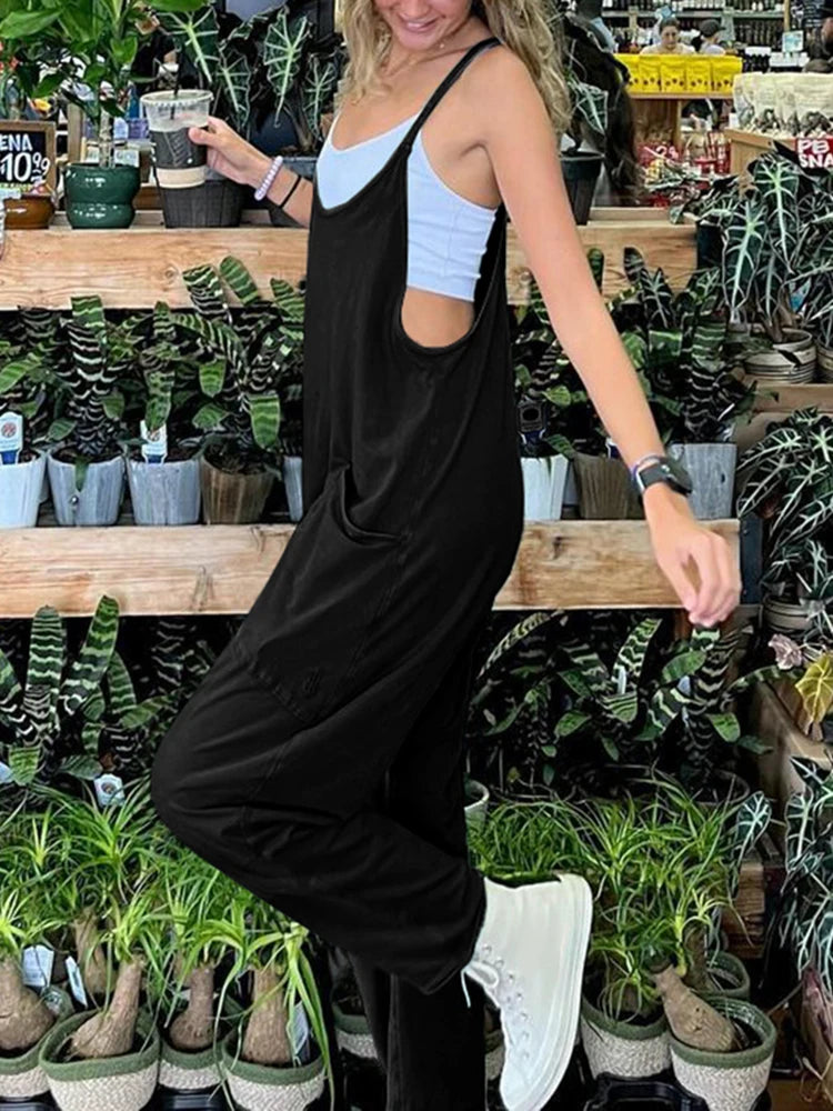 Monos de mujer con tirantes y bolsillos holgados estilo hippie, estilo informal, ropa de calle