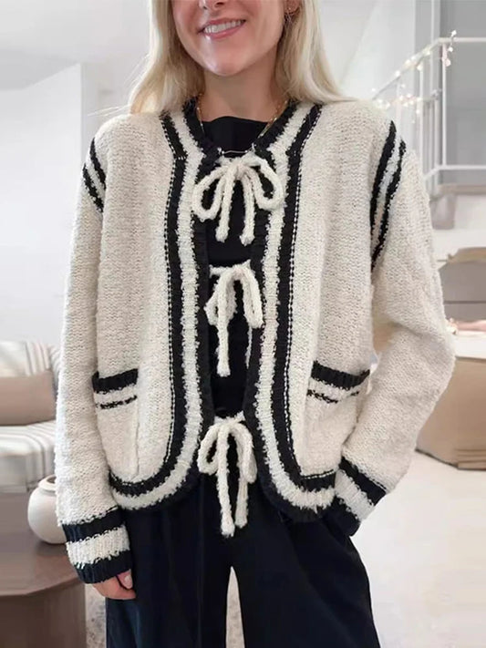 Elegant Knitted Lace Up Cardigan Women Winter Casual Loose Contrast Color O-neck Pockets Sweaters Female Warm Chic Knitwear
