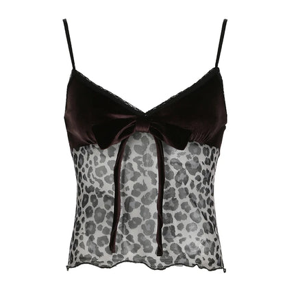 Bow Lace Up Leopard Halter Tops Sexy Y2k Velvet Lace Trim V-Neck Camisole Hotsweet Chic s Clothing Streetwear
