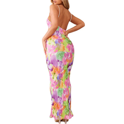Pleated Dress for Women Floral/Tie Dye Print/Solid Color Spaghetti Strap Sleeveless Dresses Going Out Party Dresses