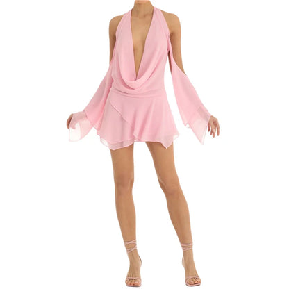 Vestido Y2K de verano para mujer, color liso, con cuello colgante, hombros descubiertos, fruncido, manga larga, espalda descubierta, corto, para discoteca