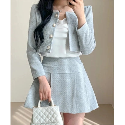 Chaqueta corta de tweed elegante de moda coreana, abrigos recortados + minifaldas de cintura alta, trajes de otoño, nuevos conjuntos ajustados de dos piezas para mujer.