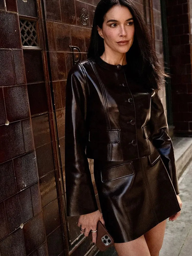 Street Leather Mini Skirt Sets For Women Long Sleeve Bike Jacket Hip Package A-line Skirt Suits 2025 Spring Motorcycle Outfits