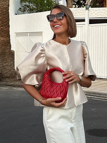 Blusas elegantes con mangas abullonadas y cuello redondo para mujer, estilo vintage, holgadas y lisas, con una sola botonadura, para verano