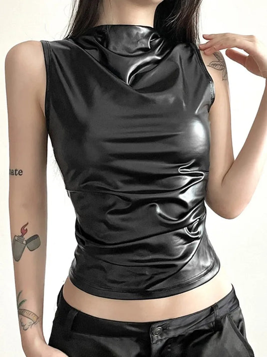Summer Black Folds Short Crop Top Fashion Streetwear Pullover Shirts For Women Slim Sleeveless O-Neck Roupas Femininas Estilosas