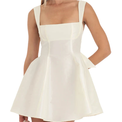 Satin Dress for Women  Summer Solid Color Square Collar Sleeveless Backless A Line Mini Dress Elegant Party Dresses