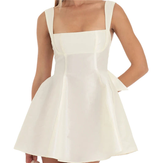 Vestido de satén para mujer, de verano, color liso, cuello cuadrado, sin mangas, espalda descubierta, corte A, minivestido elegante para fiesta