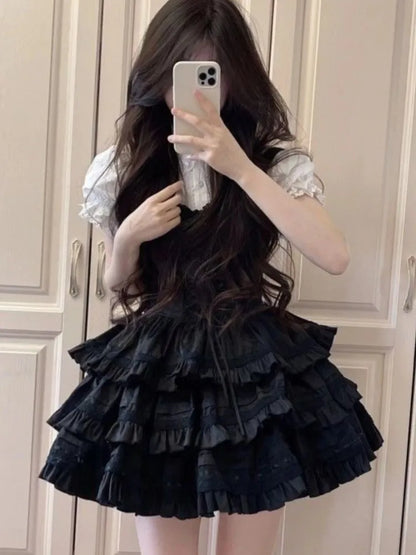 Conjunto de vestido de dos piezas Y2K para mujer, camisa de manga abullonada, minivestido negro con volantes en forma de A, traje de moda coreana, nuevo atuendo de verano
