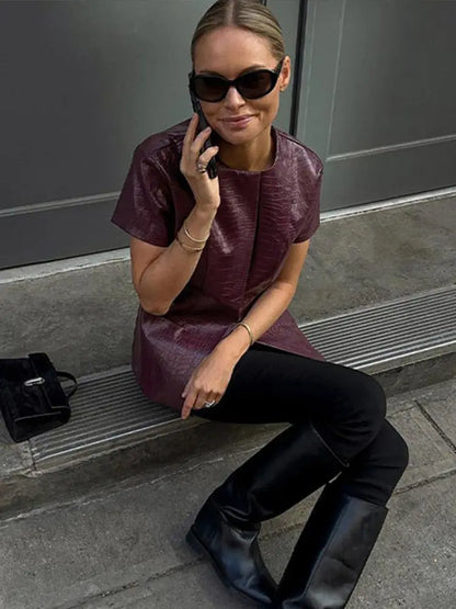 Vintage PU Leather O-neck Shirts Women Casual Loose Solid Short Sleeve Single Breasted Shirt Female Spring Chic High Street Tops