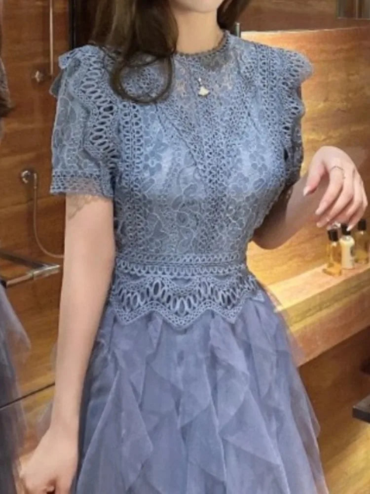 Vestido coreano de encaje con cuello redondo y retazos calados, elegante vestido blanco de malla irregular para mujer, primavera-verano 2025, A7893
