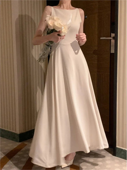 Elegante vestido largo liso para mujer, vestido de fiesta de noche para boda, sin mangas, informal, de verano, estilo coreano, de una pieza